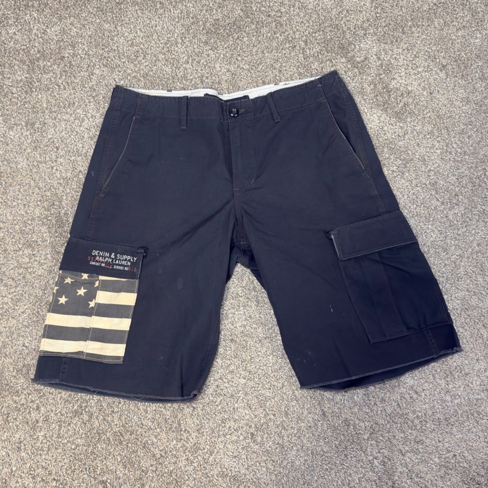 Denim & Supply Ralph Lauren Mens Black American Flag Cargo Shorts Size 34